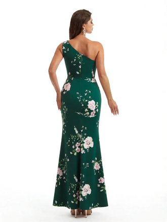 Simple One Shoulder Side Slit Mermaid Floral Satin Maxi Floral Formal Dresses For Women