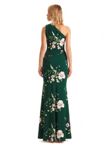 Sexy One Shoulder Side Slit Mermaid Long Satin Floral Formal Dresses For Women