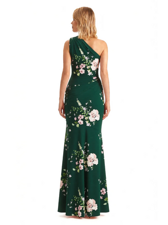 Sexy One Shoulder Side Slit Mermaid Long Satin Floral Formal Dresses For Women