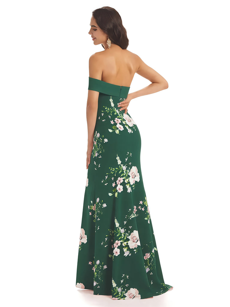 Sexy One Shoulder Sleeveless Mermaid Long Satin Floral Formal Dresses For Women