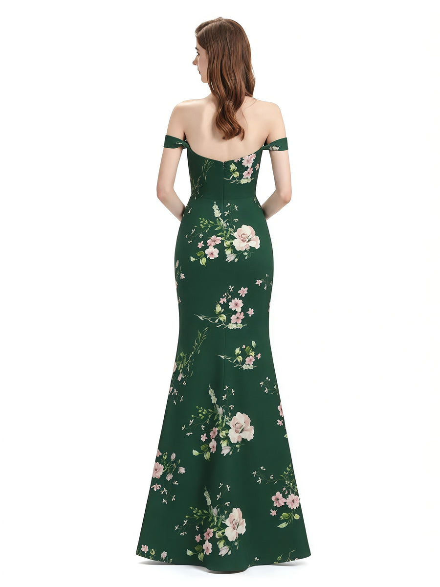Elegant Off Shoulder Mermaid Side Slit Floral Satin Maxi Floral Formal Dresses For Women