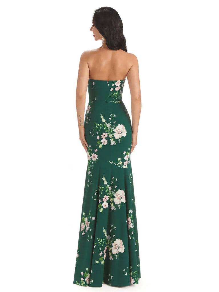 Sexy Sweetheart Side Slit Mermaid Long Satin Floral Formal Dresses For Women