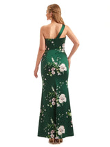 Beautiful One Shoulder Side Slit Mermaid Floral Satin Maxi Floral Formal Dresses For Women
