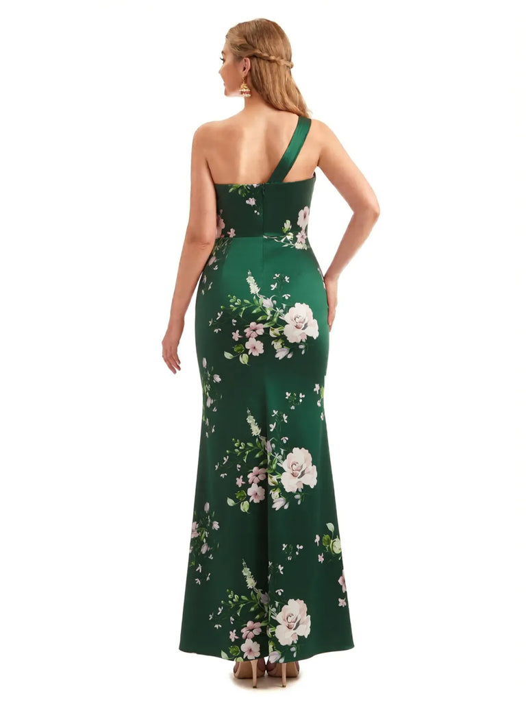 Beautiful One Shoulder Side Slit Mermaid Floral Satin Maxi Floral Formal Dresses For Women