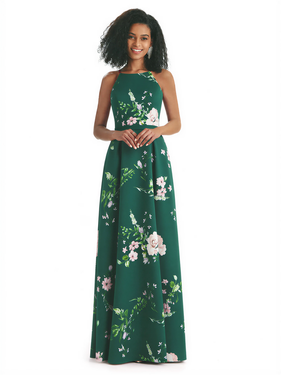 Sexy Spaghetti Straps A-line Long Satin Floral Formal Dresses For Women
