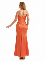 Sexy Off The Shoulder Lace Applique Mermaid Ruched Satin Long Formal Dresses With Boning Side Slit