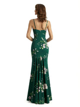 Simple Spaghetti Straps V-Neck Side Slit Mermaid Floral Satin Maxi Floral Formal Dresses For Women