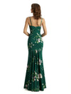 Simple Spaghetti Straps V-Neck Side Slit Mermaid Floral Satin Maxi Floral Formal Dresses For Women