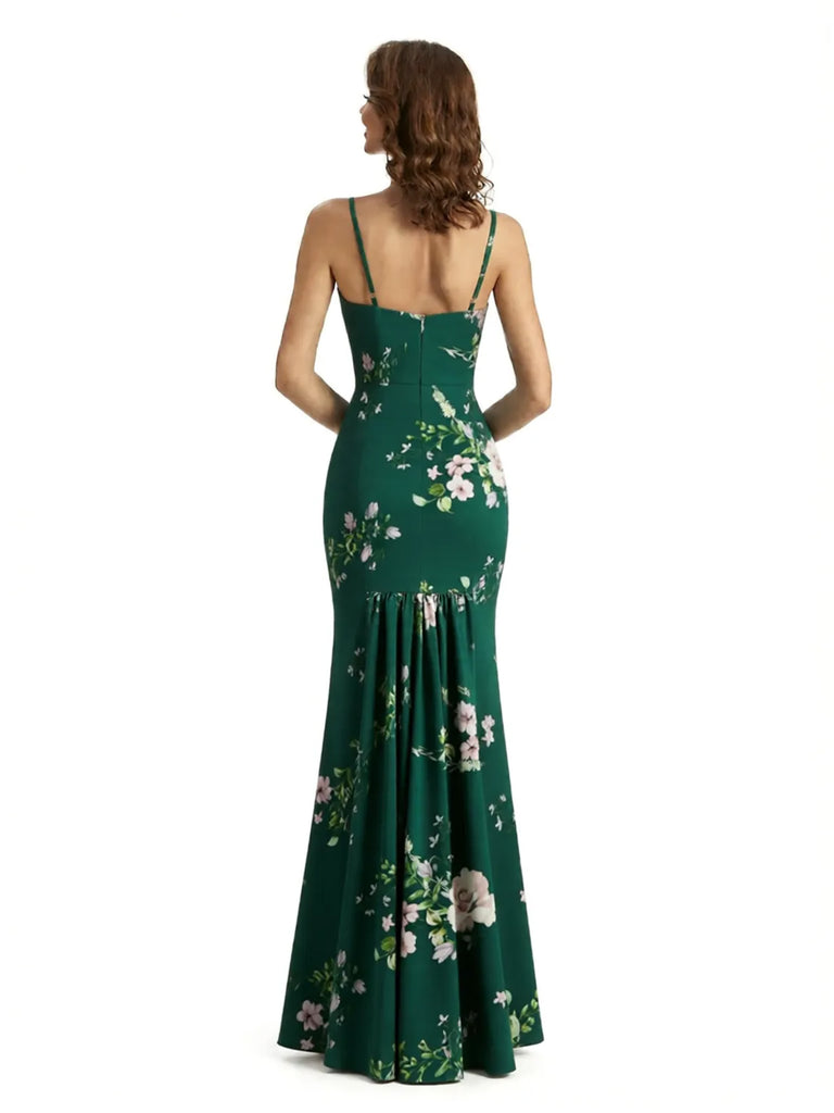 Simple Spaghetti Straps V-Neck Side Slit Mermaid Floral Satin Maxi Floral Formal Dresses For Women