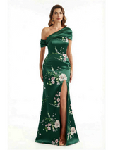 Elegant Asymmetrical Side Slit Mermaid Long Satin Floral Formal Dresses For Women