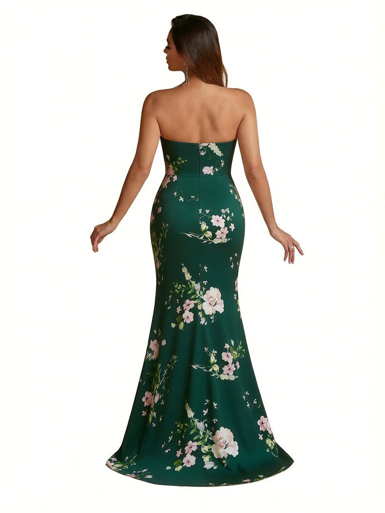 Trendy Sweetheart Strapless Side Slit Mermaid Long Satin Floral Formal Dresses For Women