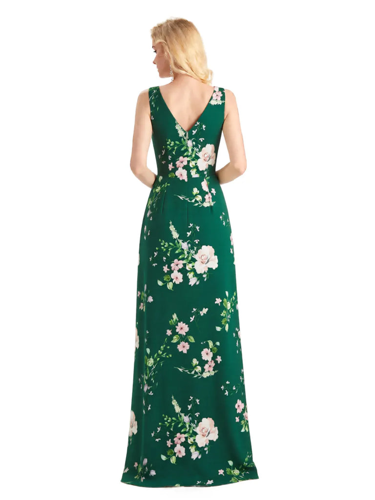 Beautiful V-Neck Mermaid Floral Satin Maxi Floral Formal Dresses For Women
