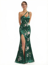 Elegant One Shoulder Side Slit Mermaid Floral Satin Maxi Floral Formal Dresses For Women