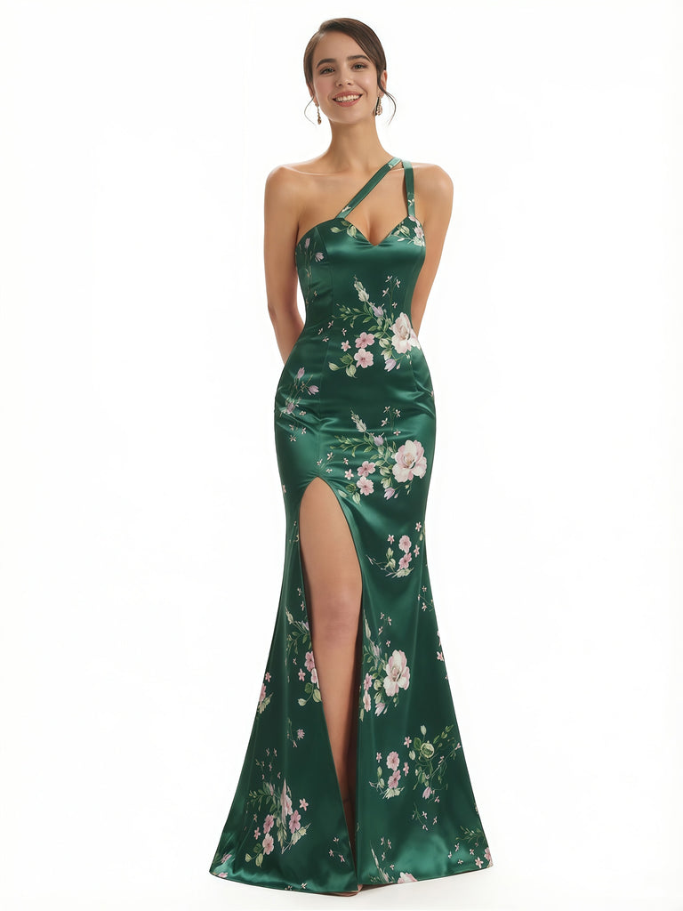 Elegant One Shoulder Side Slit Mermaid Floral Satin Maxi Floral Formal Dresses For Women