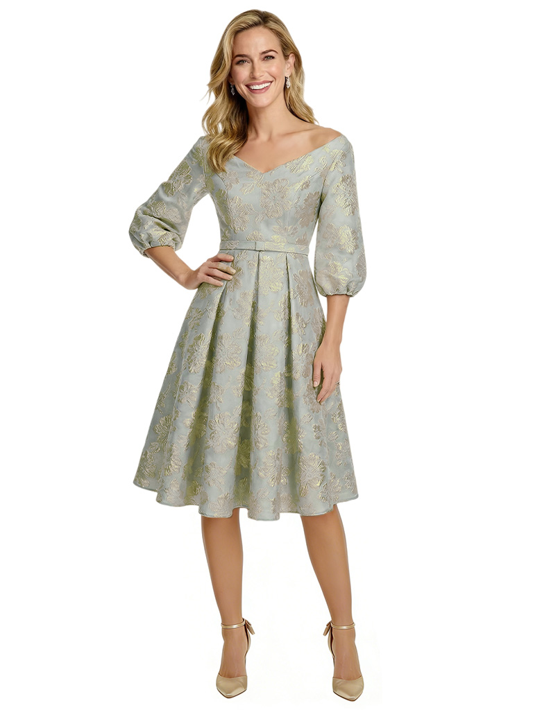 ChicSew Flowery Evening Dresses Elegant Floral Jacquard V-Neck 3/4 Sleeves A-Line Knee-Length Formal Evening Dresses, Grey