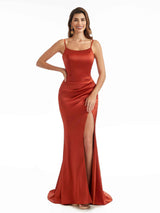 Sexy Side Split Spaghetti Straps Scoop Maxi Satin Wedding Guest Mermaid Dresses