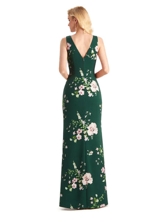 Beautiful Mermaid V-Neck Floral Satin Maxi Floral Formal Dresses For Women