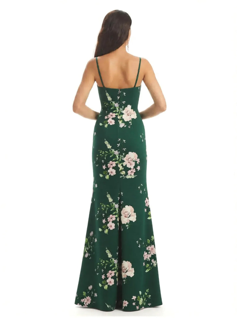 Elegant Spaghetti Straps Side Slit Mermaid Floral Satin Maxi Floral Formal Dresses For Women