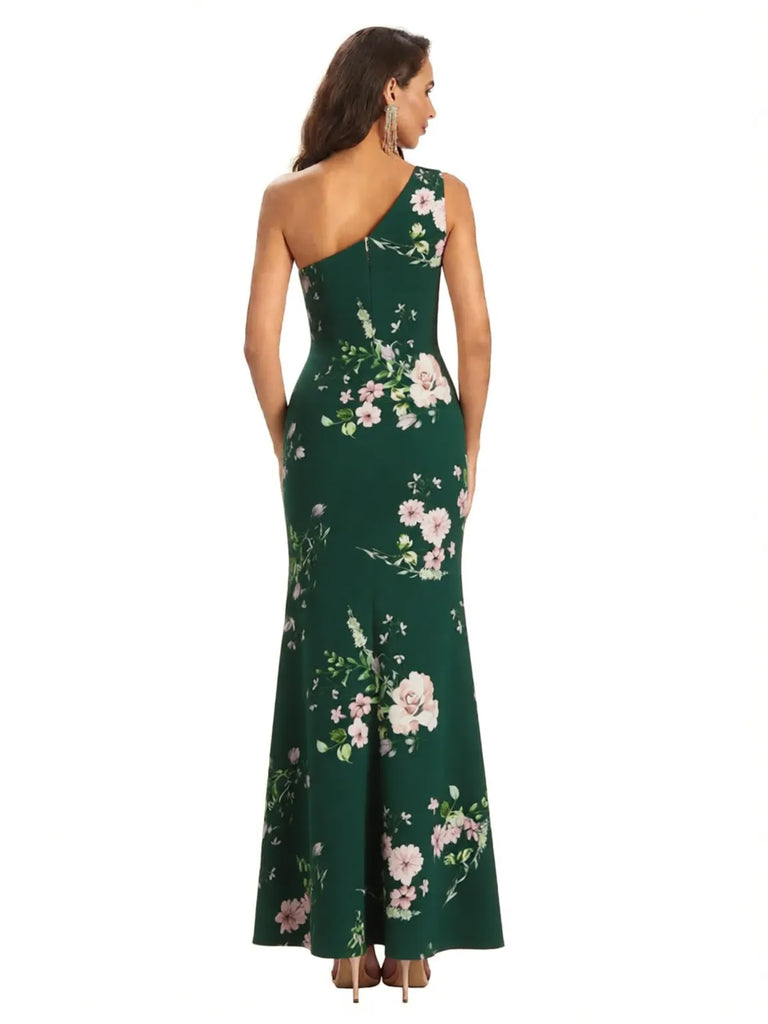 Elegant One Shoulder Mermaid Side Slit Long Satin Floral Formal Dresses For Women