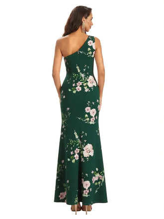 Elegant One Shoulder Mermaid Side Slit Long Satin Floral Formal Dresses For Women