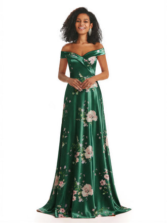 Trendy Off Shoulder A-Line Long Floral Satin Women Formal Evening Dresses