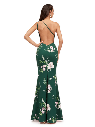 Elegant One Shoulder Mermaid Floral Satin Maxi Floral Formal Dresses For Women