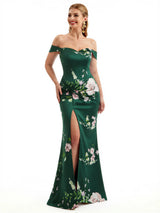 Beautiful Off Shoulder Side Slit Mermaid Floral Satin Maxi Floral Formal Dresses For Women