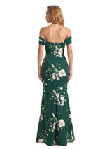 Trendy Off Shoulder Side Slit Mermaid Long Satin Floral Formal Evening Dresses For Ladies