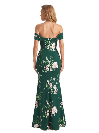 Trendy Off Shoulder Side Slit Mermaid Long Satin Floral Formal Evening Dresses For Ladies