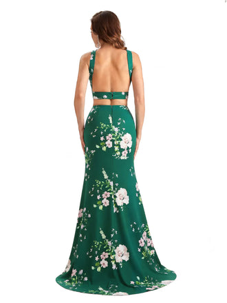 Beautiful Mermaid Halter Two Pieces Floral Satin Maxi Floral Formal Dresses For Women