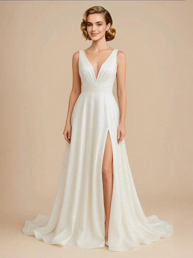A-Line V-neck Sleeveless Side Slit Maxi Long Sequin Wedding Dresses Online