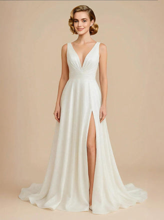 A-Line V-neck Sleeveless Side Slit Maxi Long Sequin Wedding Dresses Online