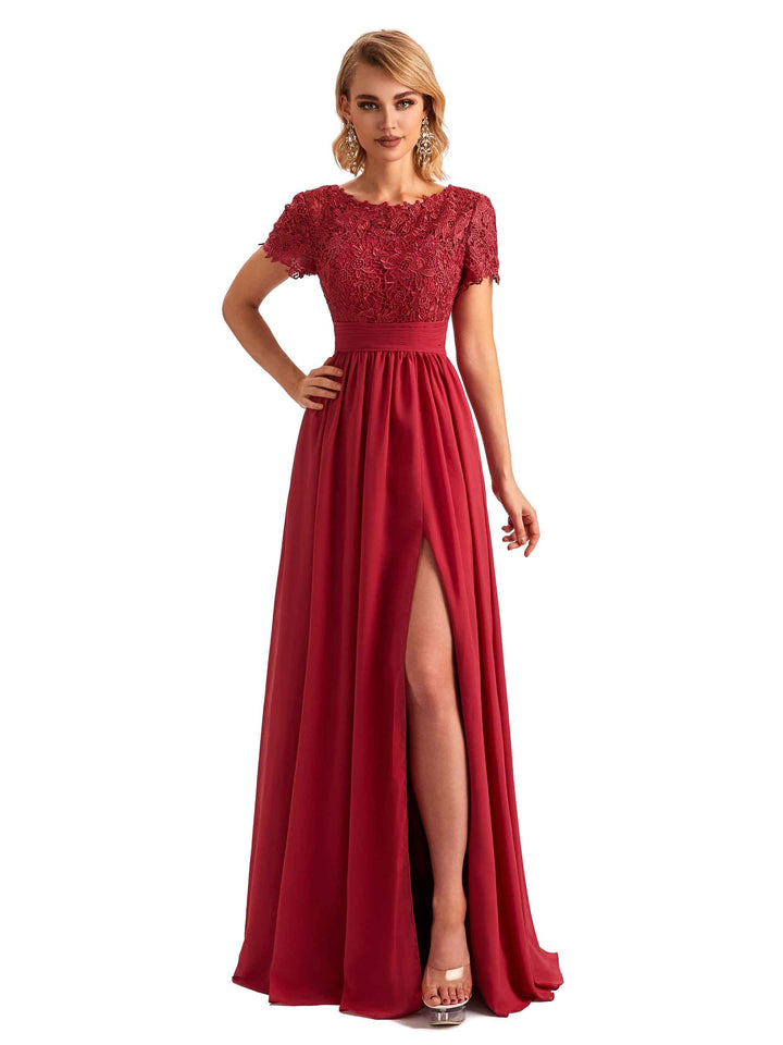 Elegant Side Slit Chiffon Short Sleeves Lace Long Mother of the Brides Dresses