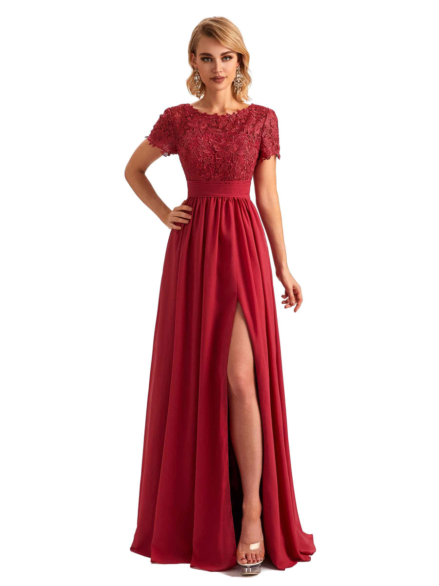 Elegant Side Slit Chiffon Short Sleeves Lace Long Mother of the Brides Dresses