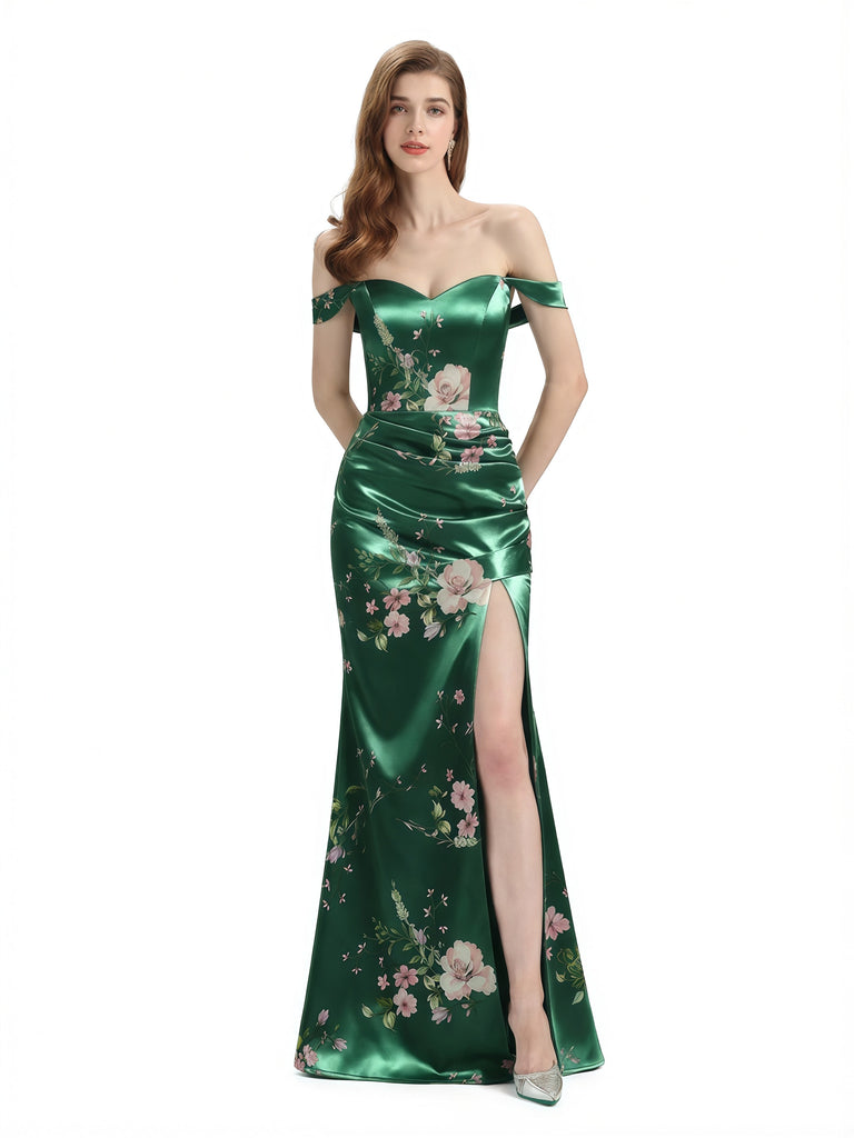 Elegant Off Shoulder Mermaid Side Slit Floral Satin Maxi Floral Formal Dresses For Women