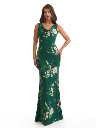Elegant Spaghetti Straps Cowl Mermaid Long Satin Floral Formal Evening Dresses For Ladies