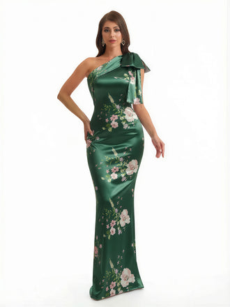 Elegant One Shoulder Mermaid Long Satin Floral Formal Dresses For Women With Back Slit