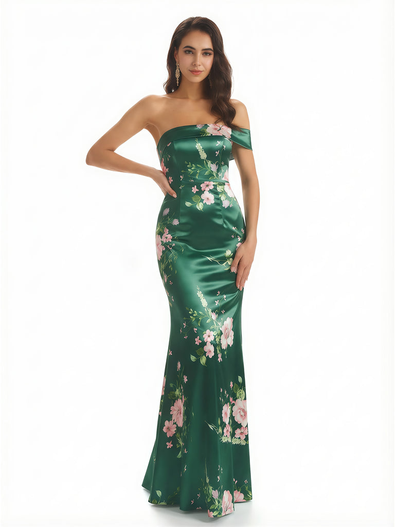 Sexy One Shoulder Sleeveless Mermaid Long Satin Floral Formal Dresses For Women