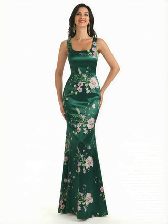 Elegant Spaghetti Straps Square Mermaid Long Satin Floral Formal Evening Dresses For Ladies