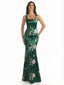 Elegant Spaghetti Straps Square Mermaid Long Satin Floral Formal Evening Dresses For Ladies