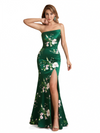 Elegant Strapless Side Slit Mermaid Long Satin Floral Formal Dresses For Women