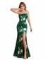 Elegant Strapless Side Slit Mermaid Long Satin Floral Formal Dresses For Women