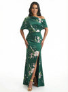 Elegant Half Sleeves Side Slit Mermaid Floral Satin Maxi Floral Formal Dresses For Women