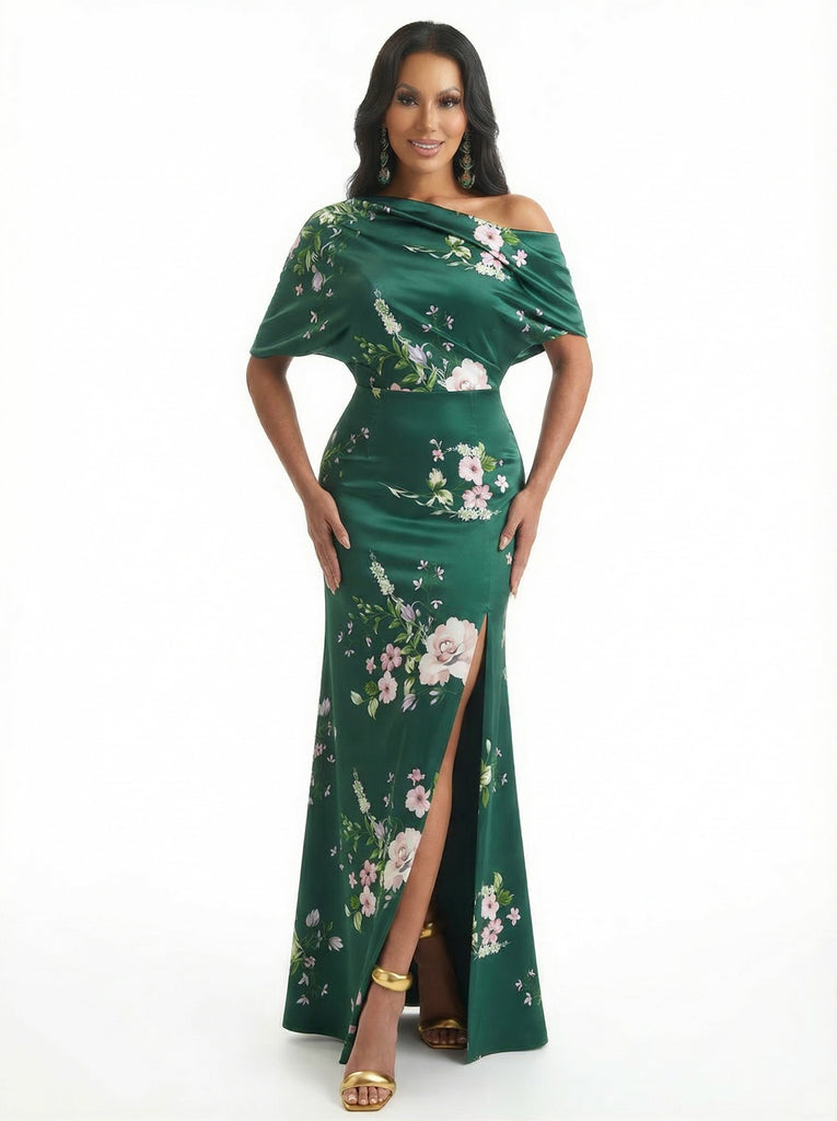 Elegant Half Sleeves Side Slit Mermaid Floral Satin Maxi Floral Formal Dresses For Women