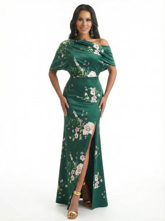 Elegant Half Sleeves Side Slit Mermaid Floral Satin Maxi Floral Formal Dresses For Women