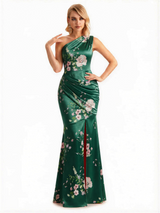 Sexy One Shoulder Side Slit Mermaid Long Satin Floral Formal Dresses For Women