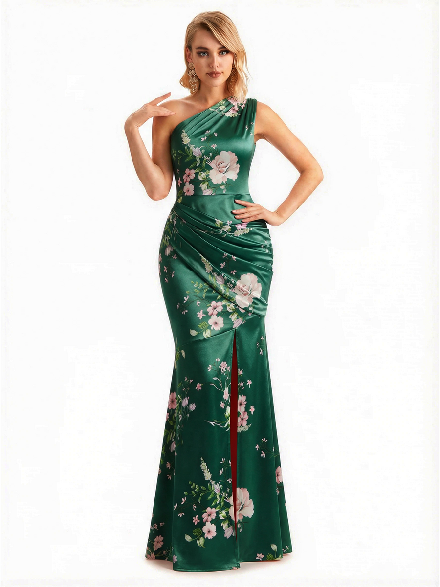 Sexy One Shoulder Side Slit Mermaid Long Satin Floral Formal Dresses For Women