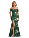 Trendy Off Shoulder Side Slit Mermaid Long Satin Floral Formal Evening Dresses For Ladies
