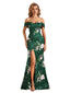 Trendy Off Shoulder Side Slit Mermaid Long Satin Floral Formal Evening Dresses For Ladies