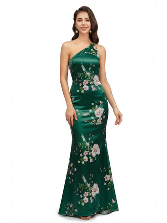 Elegant One Shoulder Mermaid Floral Satin Maxi Floral Formal Dresses For Women